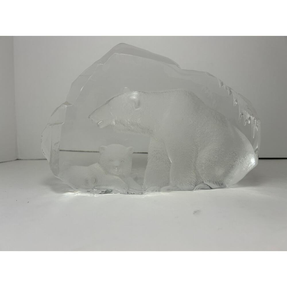 Mats Jonasson Maleras Sweden Crystal Polar Bear and Cub Heavy Glass Sculpture